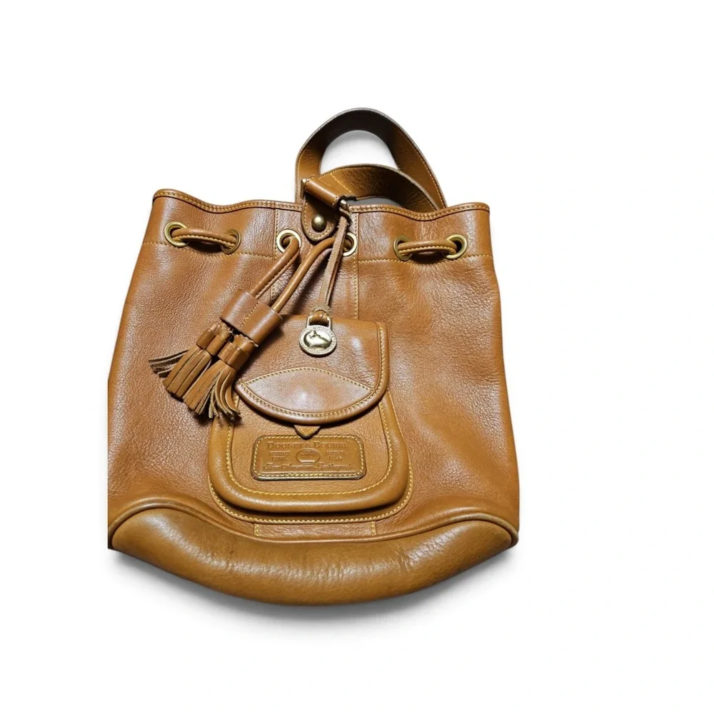 Vintage Dooney & Bourke All Weather Leather Drawstring Bucket Bag Tan Ginger